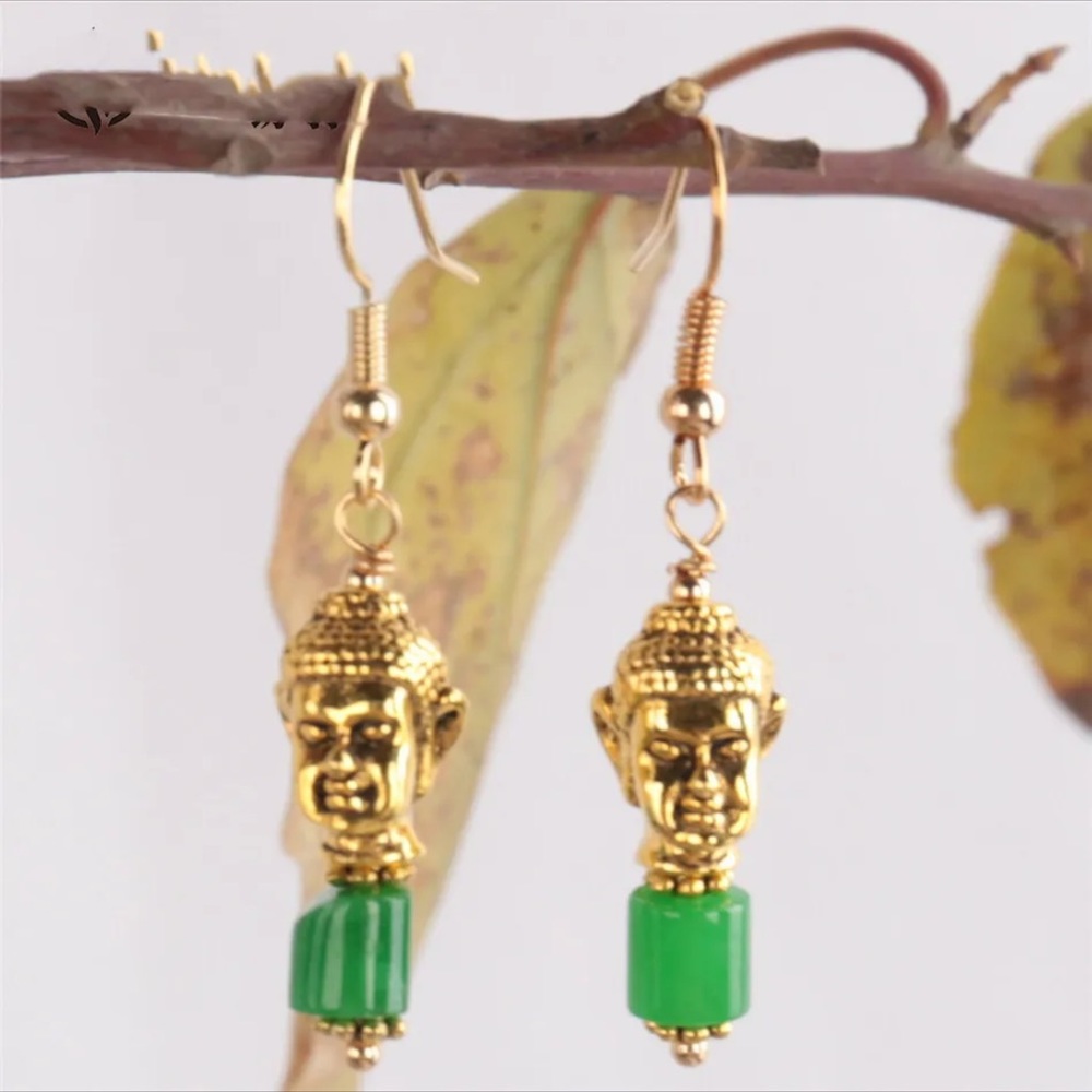 Gold Buddha Green Agate Dangle Earrings